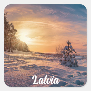 Adesivo Quadrado Sol sobre neve, costa marítima de inverno