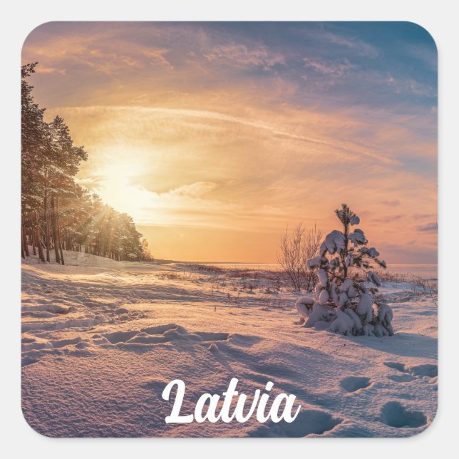 Adesivo Quadrado Sol sobre neve, costa marítima de inverno (Frente)