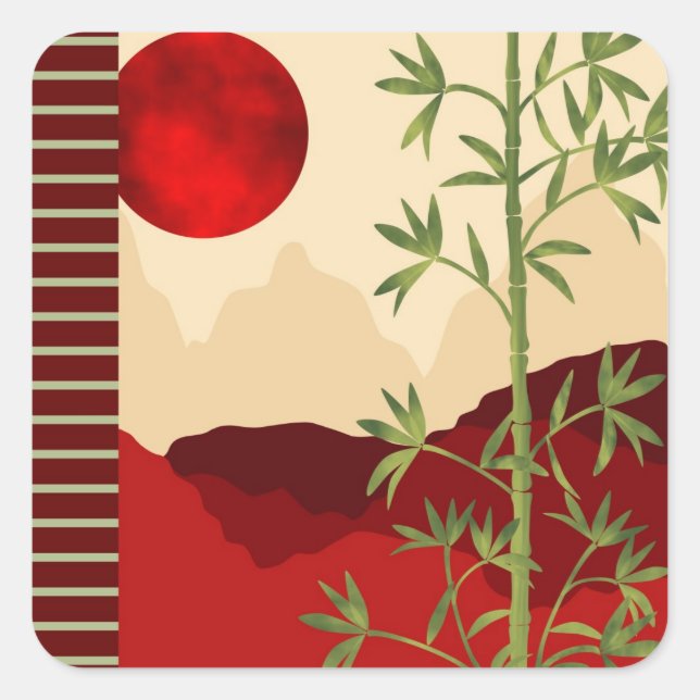 Adesivo Quadrado Sol vermelho de bambu verde (Frente)