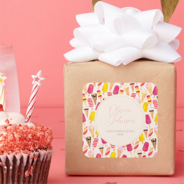 Adesivo Quadrado Sorvete de Aquarela de Verão Doce (Festa)