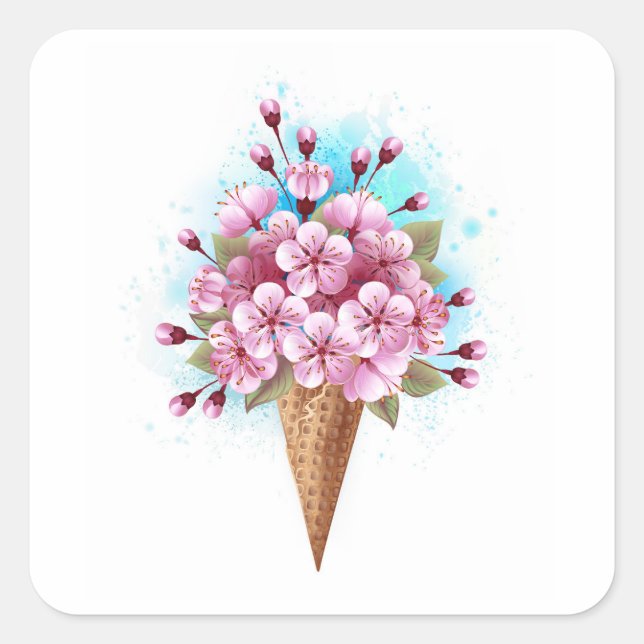 Adesivo Quadrado Sorvete Waffle Rosa Sakura Cone (Frente)