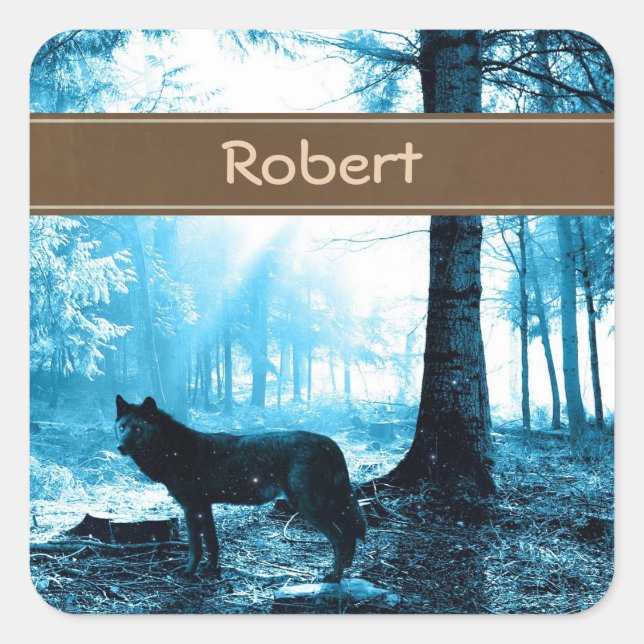Adesivo Quadrado Sozinho do Lobo Negro Personalizado na Floresta (Frente)