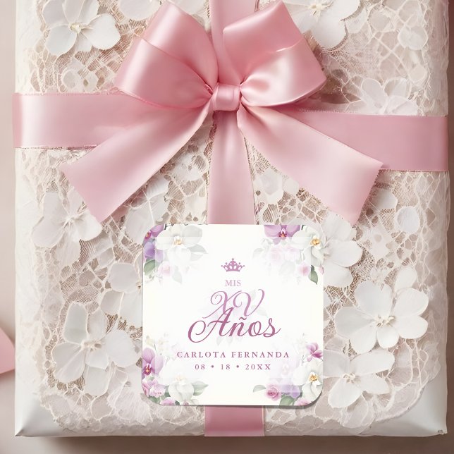 Adesivo Quadrado Spanish Mis XV Exquisite Floral Orchids Bouquets (Spanish Romantic Exquisite Floral Orchids Bouquets Mis XV Años Square Sticker:)
