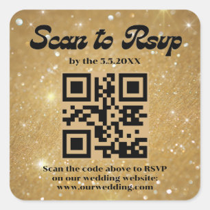 Adesivo Quadrado sparkles dourados script retro rsvp qr code casame