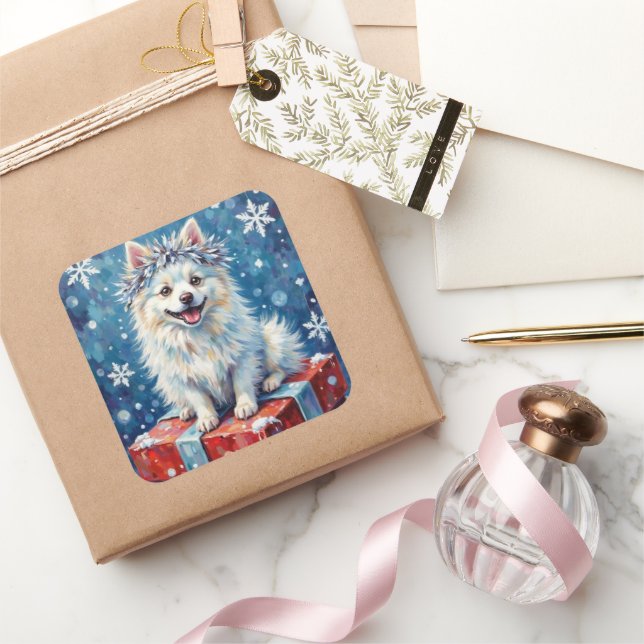 Adesivo Quadrado Sparkling American Eskimo Dog Festive Gift Cushion (Presentear)