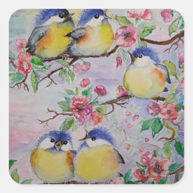 Adesivo Quadrado Sparrows Sticker Birds and Flowers - Primavera (Frente)