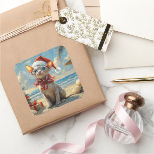 Adesivo Quadrado Sphynx Cat Christmas Vintage Beach
