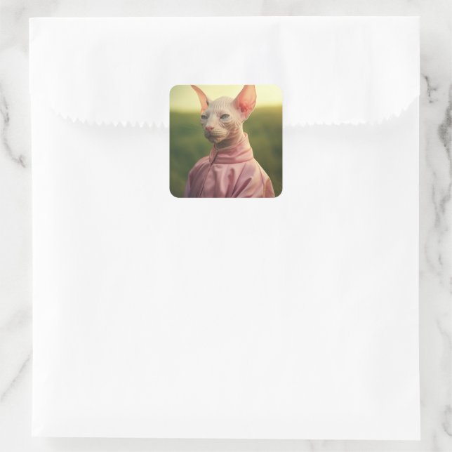 Adesivo Quadrado Sphynx Cat in Outfit – Playful Nature Art (Bolsa)