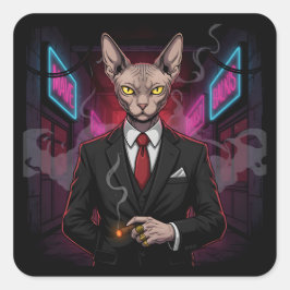 Adesivo Quadrado Sphynx Mafia Cat in Neon Noir Style