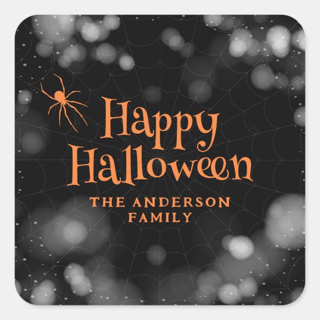 Adesivo Quadrado Spider Cobweb Happy Halloween (Frente)
