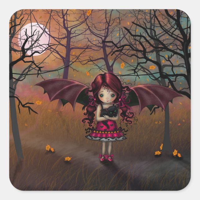 Adesivo Quadrado Spook Little Halloween Vamire e Cat Fantasy Art (Frente)
