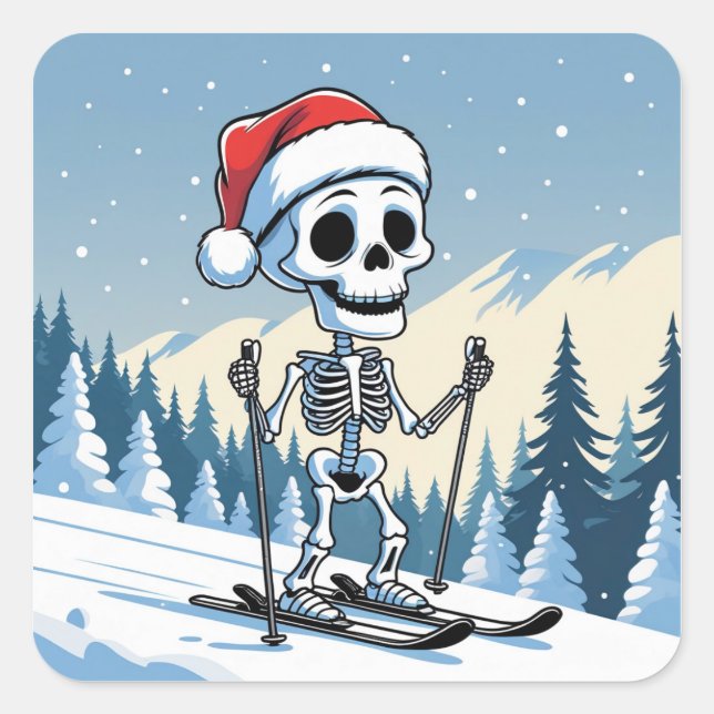 Adesivo Quadrado Spooky Christmas Skeleton on Skis (Frente)