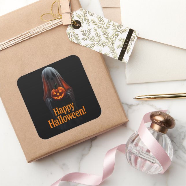 Adesivo Quadrado Spooky Ghost with Pumpkin – Happy Halloween  (Presentear)