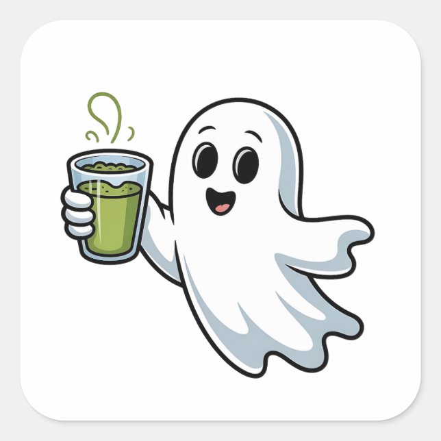 Adesivo Quadrado Spooky Halloween Ghost Holding Matcha (Frente)