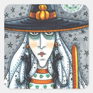 ADESIVO QUADRADO SPOOKY HALLOWEEN WITCH, VESTINDO JOIAS DE GATO NEG
