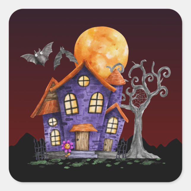 Adesivo Quadrado Spooky House Full Moon Halloween (Frente)