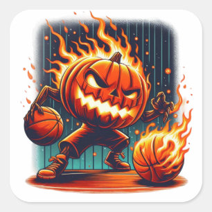 Adesivo Quadrado Spooky Jack-o-Lanterna Dunking Halloween Basketbal
