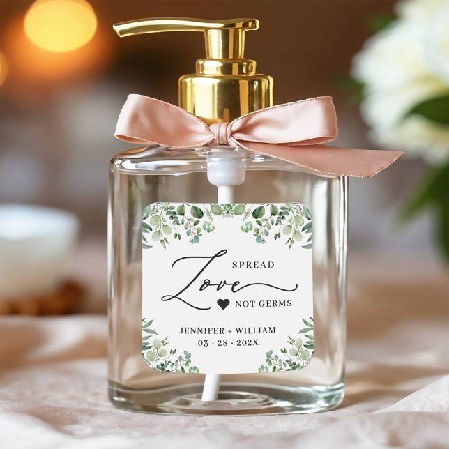 Adesivo Quadrado Spread Love Greenery Eucalyptus Wedding Sanitizer (Criador carregado)