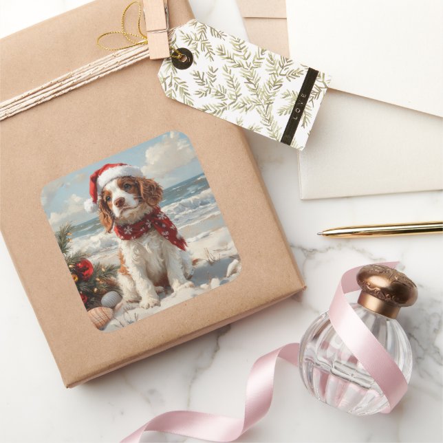 Adesivo Quadrado Springer Spaniel Dog Christmas Vintage Beach (Presentear)