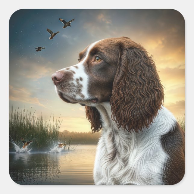 Adesivo Quadrado Springer Spaniel Dog por um Pond (Frente)