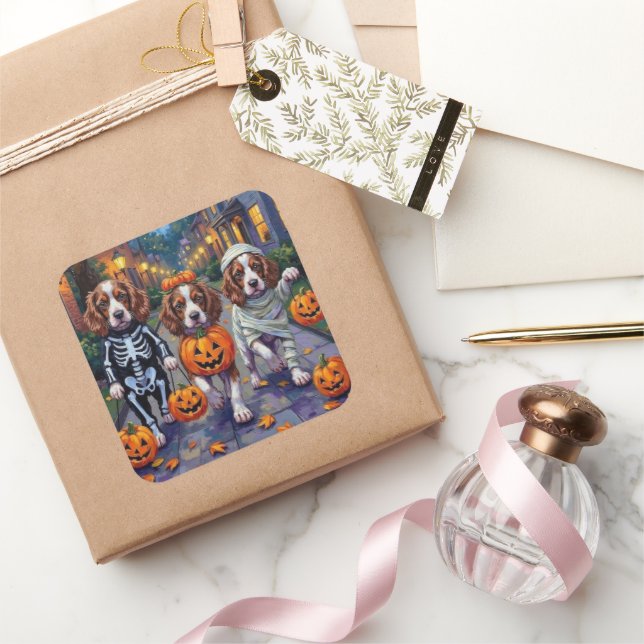 Adesivo Quadrado Springer Spaniel Dogs In Halloween Costumes (Presentear)
