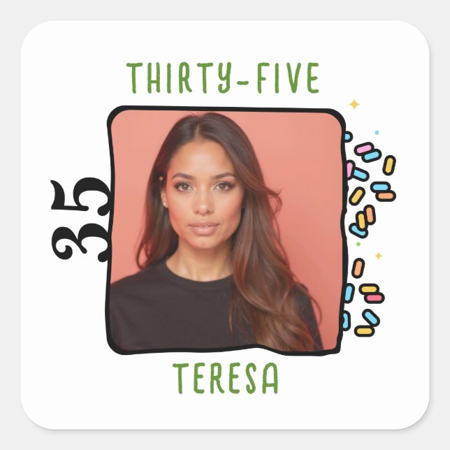 Adesivo Quadrado Sprinkles de Festa de aniversário 35ª Foto Persona (Frente)