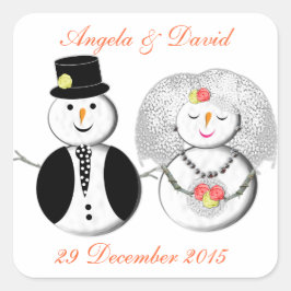 Adesivo Quadrado Sr. e Sra. Snowman Cute Snow Bride e Groom