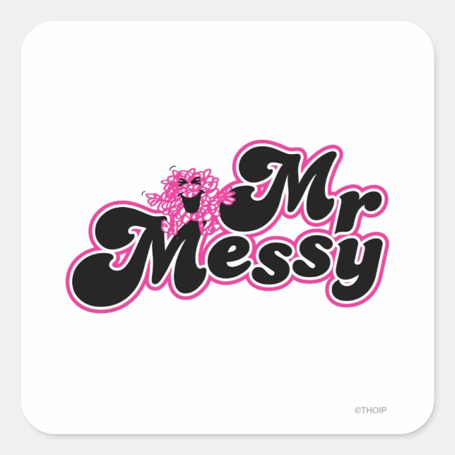 Adesivo Quadrado Sr. Messy | Grandes letras pretas e rosa (Frente)