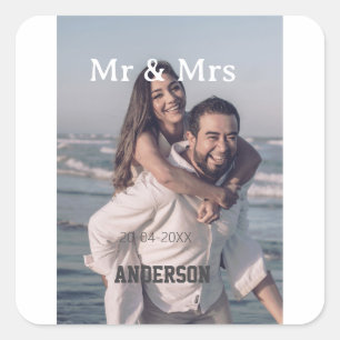 Adesivo Quadrado Sr & Sra adicionar nome da família foto data casam