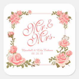 Adesivo Quadrado Sr. & Sra. Elegant Floral Wedding Sticker Seal