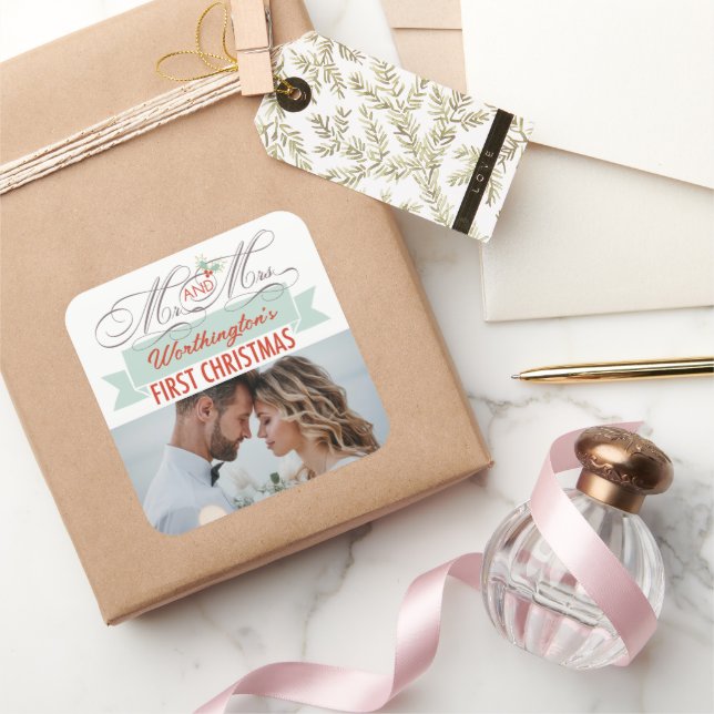 Adesivo Quadrado Sr. & Sra. Primeiro Mistura de Natal Foto Casament (Presentear)