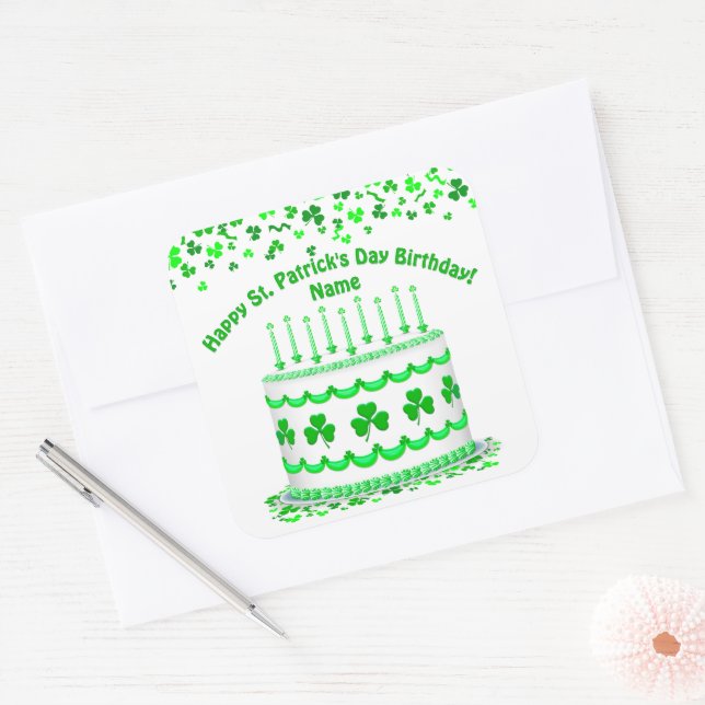 Adesivo Quadrado St Patrick's Day Birthday Cake Custom Candles (Envelope)