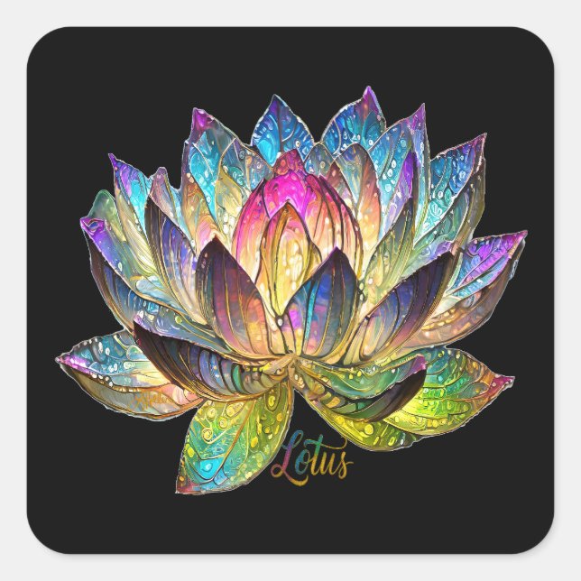 Adesivo Quadrado Stained Glass Colorful Lotus Flower on Black (Frente)
