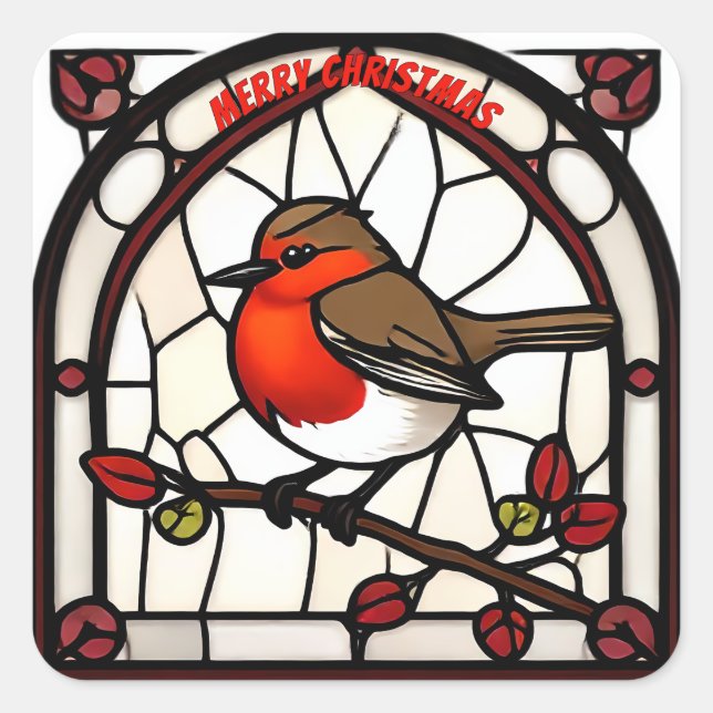 Adesivo Quadrado  Stained Glass Robin Redbreast "Merry Christmas" (Frente)