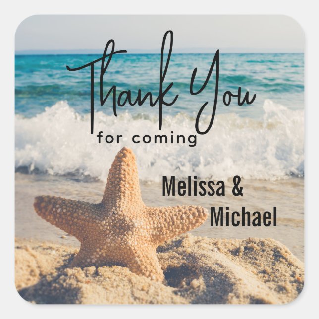Adesivo Quadrado Starfish em um casamento com fotos de Sandy Beach (Frente)