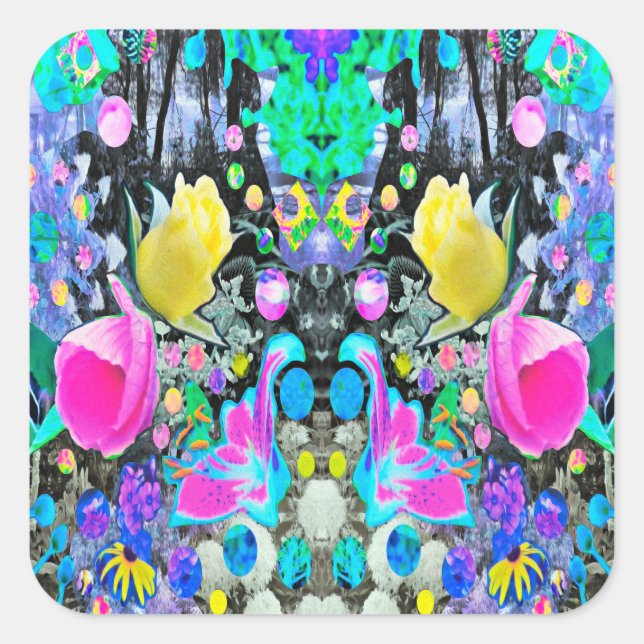 Adesivo Quadrado Stargazer Lily, Rosa e Colagem de Hibiscus Rosa (Frente)