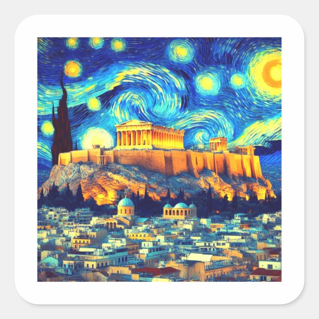 Adesivo Quadrado Starry Night Acropolis Athens Grécia (Frente)