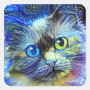 Adesivo Quadrado Starry Night Impressionist Tabby Cat Portrait