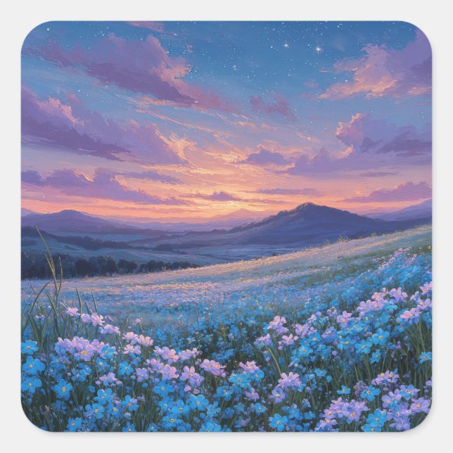 Adesivo Quadrado Starry Night Sky Over Blue Wildflower Meadow (Frente)