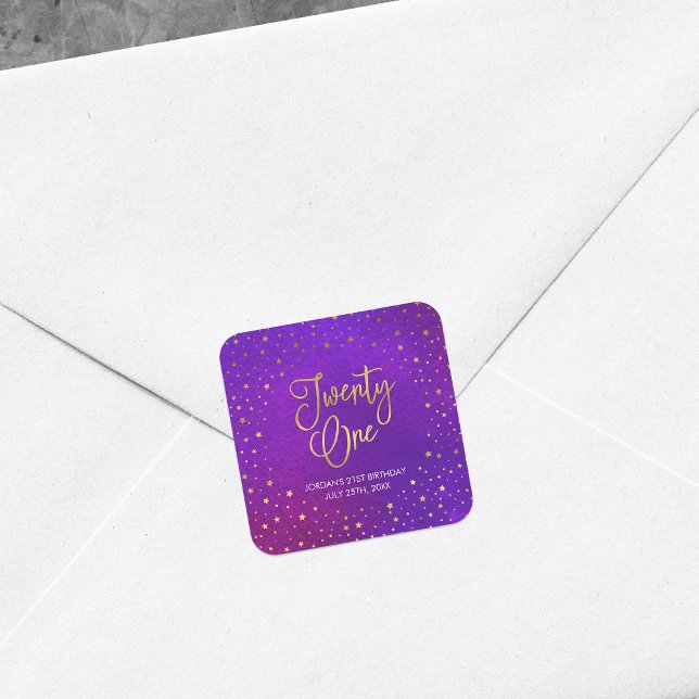 Adesivo Quadrado Starry Purple Watercolor aniversário de 21 anos (Criador carregado)