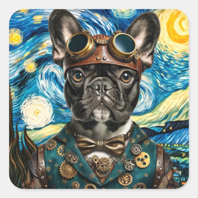 Adesivo Quadrado Steampunk Frenchie na Noite Estrelada (Frente)