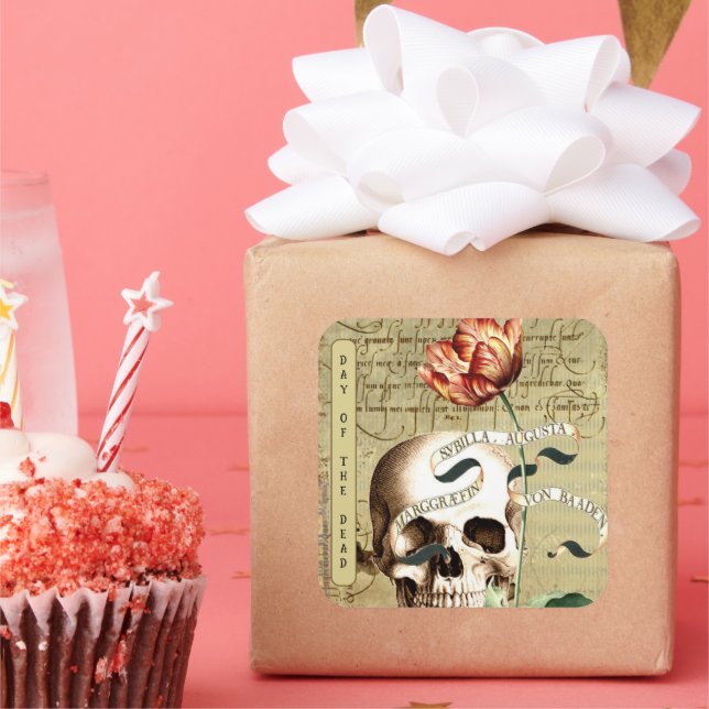 Adesivo Quadrado Steampunk Skull Floral Escrevendo Stickers Hallowe (Festa)