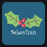 Adesivo Quadrado Sti Personalizado da Praça de Natal Holly & Berrie<br><div class="desc">Estes doces sagrados e bagas são impressos de uma colagem projetada por Helen McCartney Designs.</div>