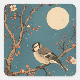 Adesivo Quadrado Sticker Carré Moonlit Bird on Blossom Branch