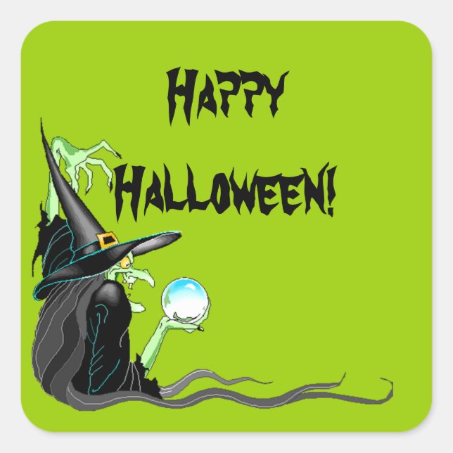 Adesivo Quadrado Sticker Happy Halloween Witch Crystal Ball Spooky (Frente)