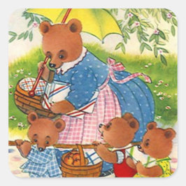 Adesivo Quadrado Sticker Vintage Bears Reunião da Família Picnic Su