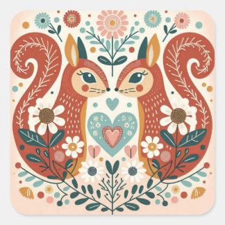 Adesivo Quadrado Stickers illustration folk art motif « écureuils »