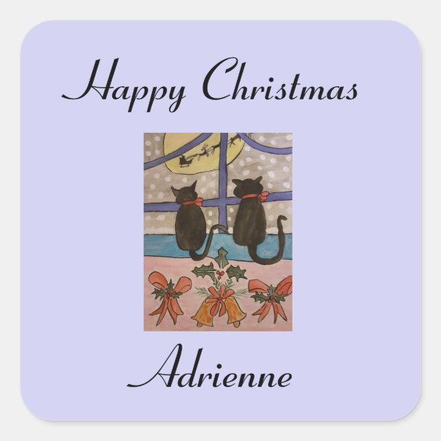 Adesivo Quadrado Stickers Personalizados de Natal de Gato Preto (Frente)