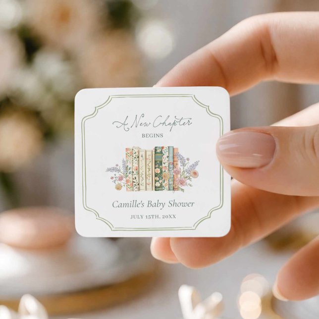 Adesivo Quadrado Storybook Baby Shower A New Chapter Favor (A New Chapter baby shower square sticker)