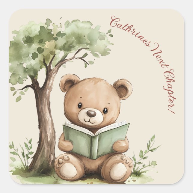 Adesivo Quadrado Storybook Bear Tree Beige Baby Shower Sticker (Frente)